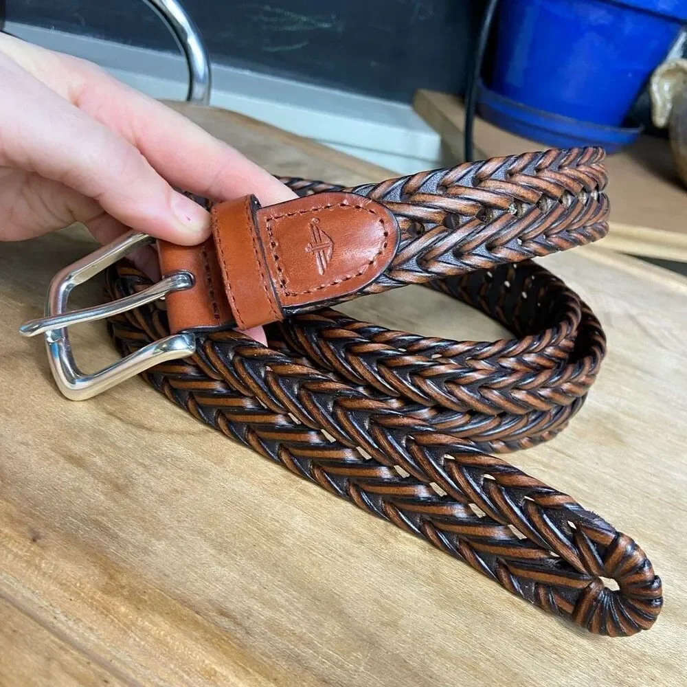 Dockers Men's Brown Braided Leather & Faux Leather Belt Silver Metal Buckle - XL